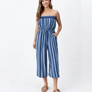 Promesa Strapless Blue Striped Romper One Piece Summer Boho SZ L